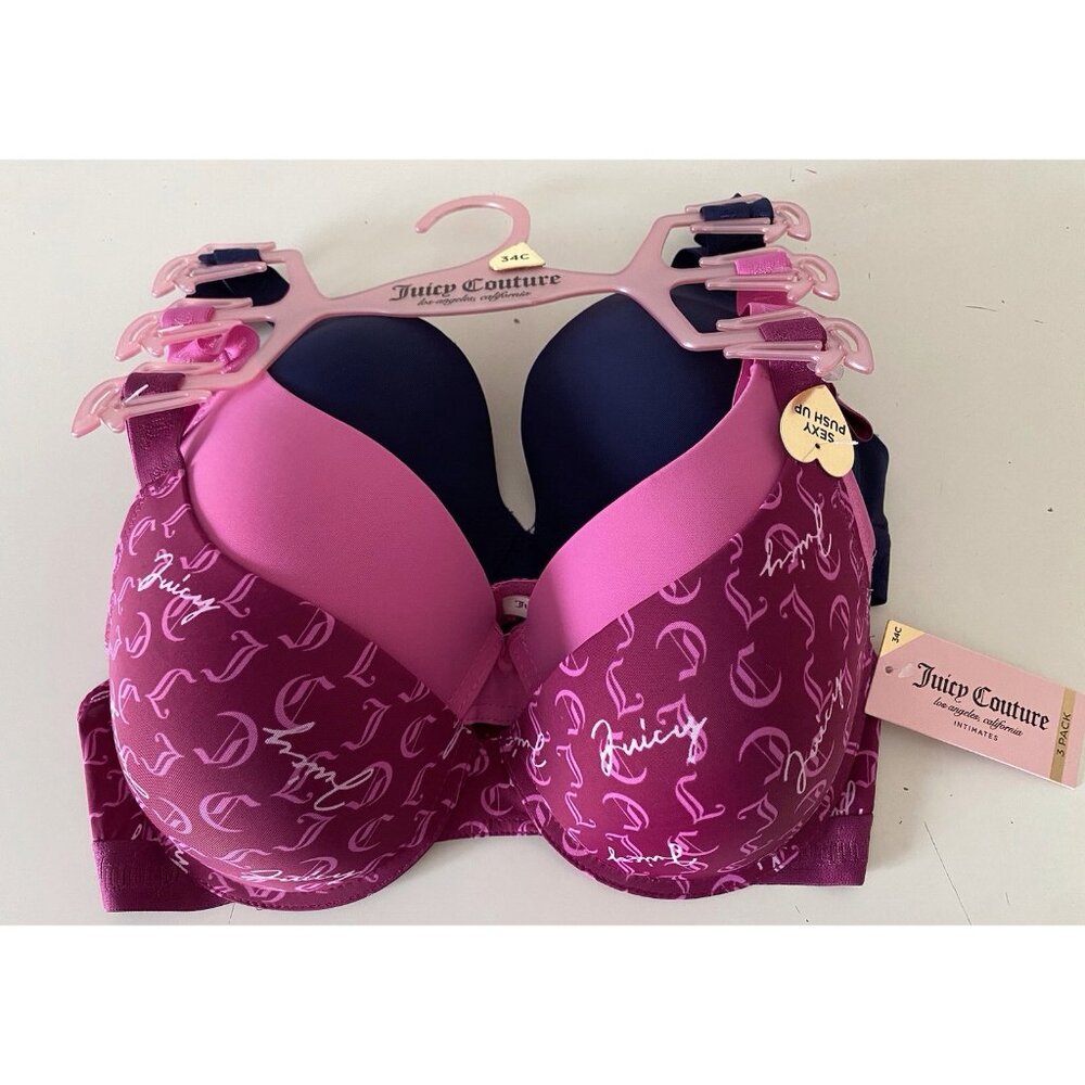 3 Pack Juicy Couture Sexy Push Up Bra Size 34C Juicy Logo Wine Pink Navy NEW